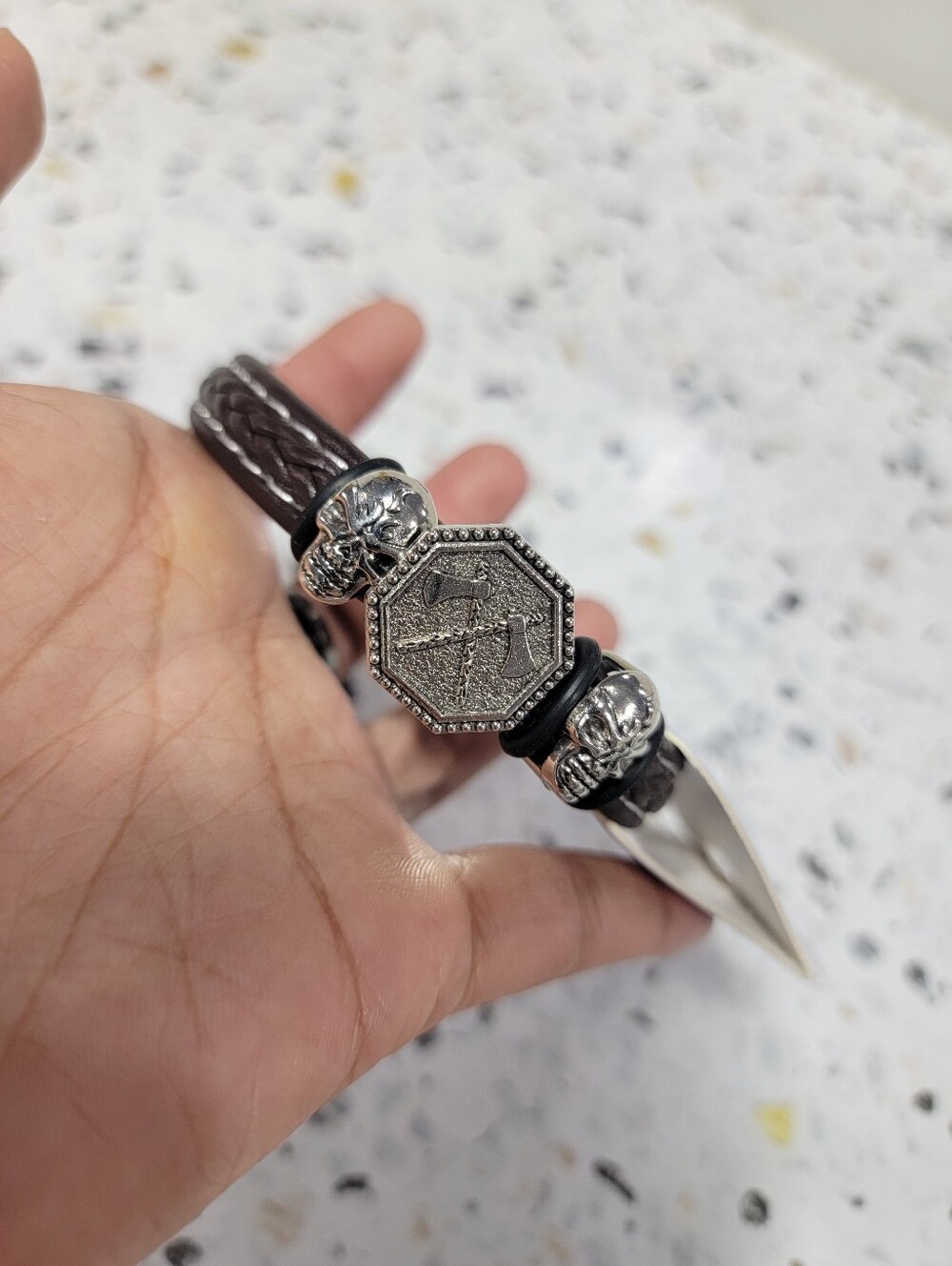 Men's Dark Brown Braided Leather Bracelet with Silver Skull & Octagon Medallion